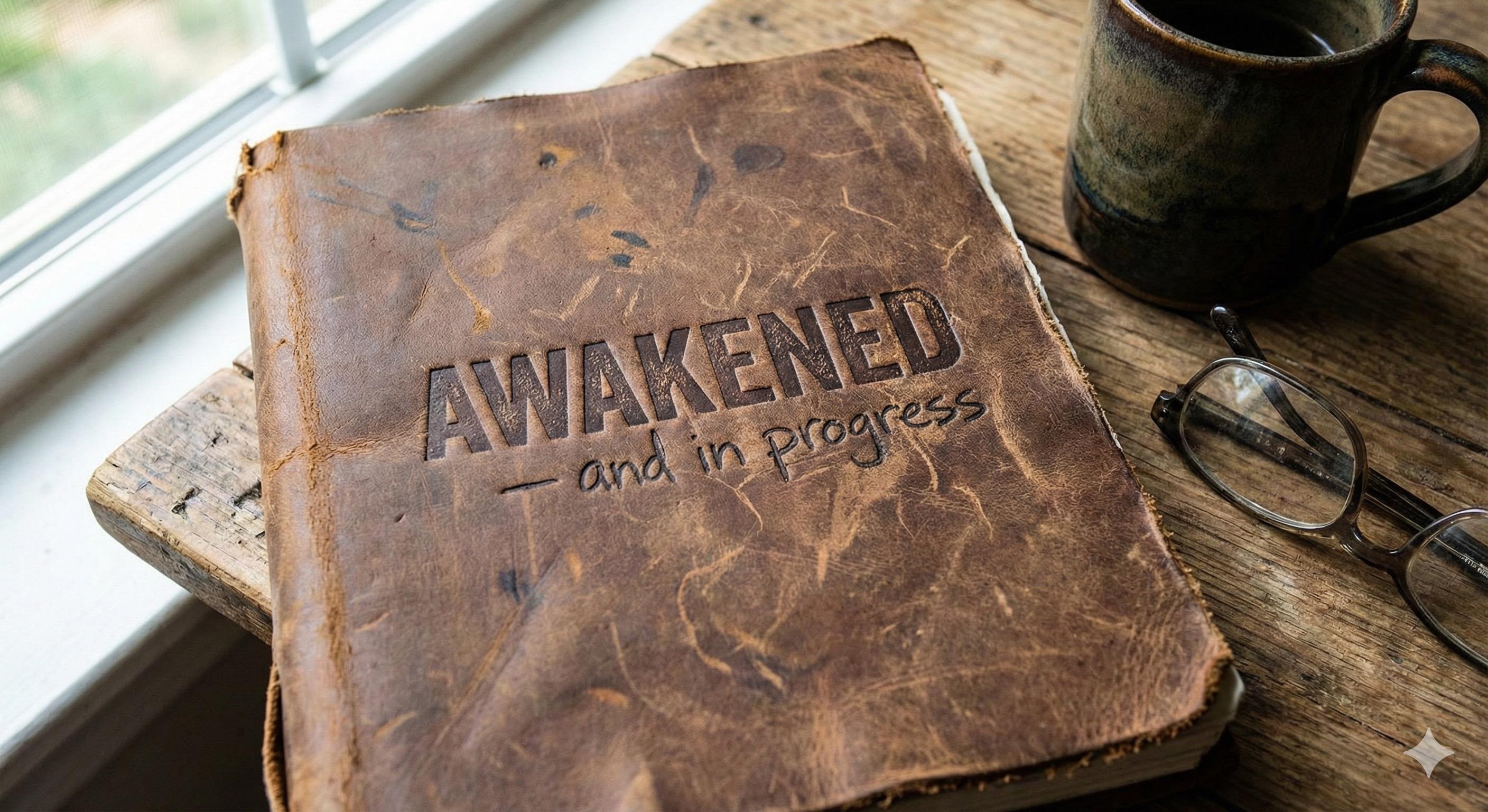 A worn leather journal with 'Awakened — and in progress' embossed on the cover, beside reading glasses and a ceramic mug